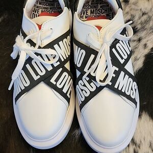 Love Moschino Women Running Sneakers Logo Band White Black Worn Once!